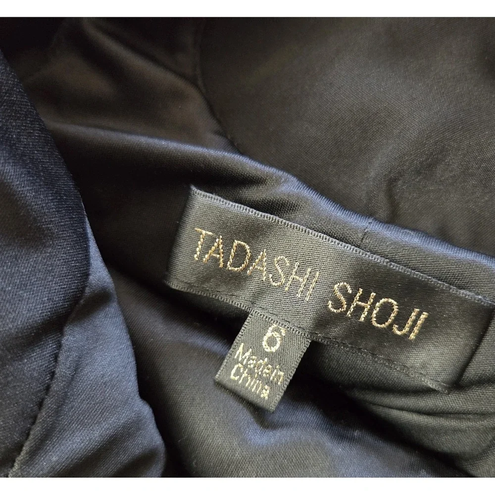 Tadashi Shoji Crepe Draped Open Back Gown Dress Women's 6 Black Gold Paillette